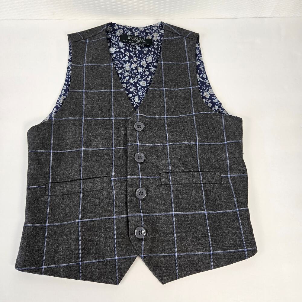 Paisley of London Boys Grey Plaid Check Waistcoat “Oliver” Paisley Print Size 6